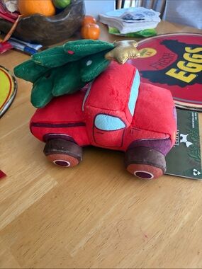 Plush Red Dog Toy Truck with Green Tree - Pet Soft Squeaky Toy
